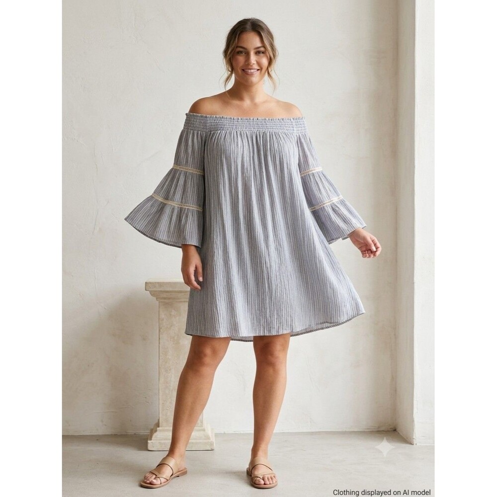 Women's Gray Striped Off-Shoulder Smocked Bell Sleeve Shift Boho Cottage Dress M